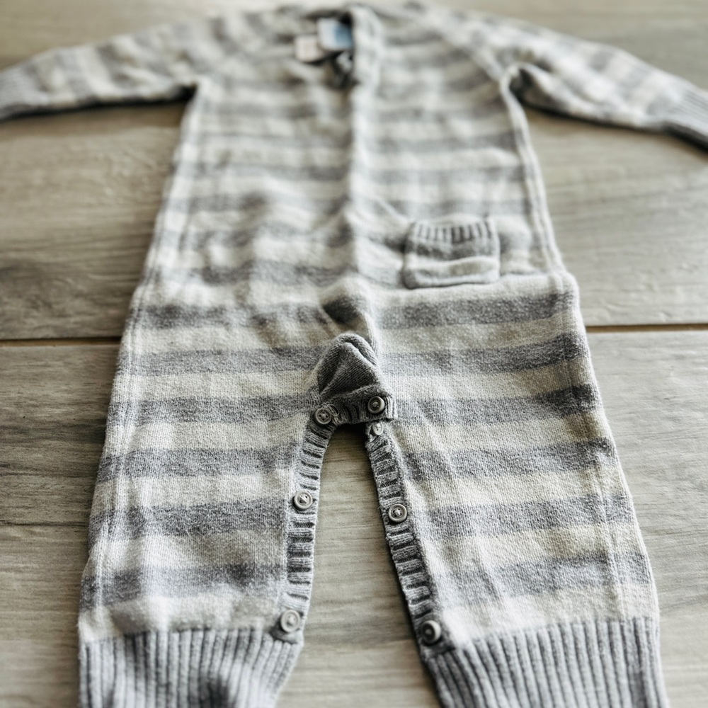 Janie and Jack Gray & White Striped Knit Footie with Sheep Embroidery - Picture 4 of 5